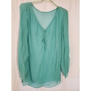 Women's Valerie Stevens Turquoise Sequined Ruched Sleeve Sheer Blouse XL (H339)